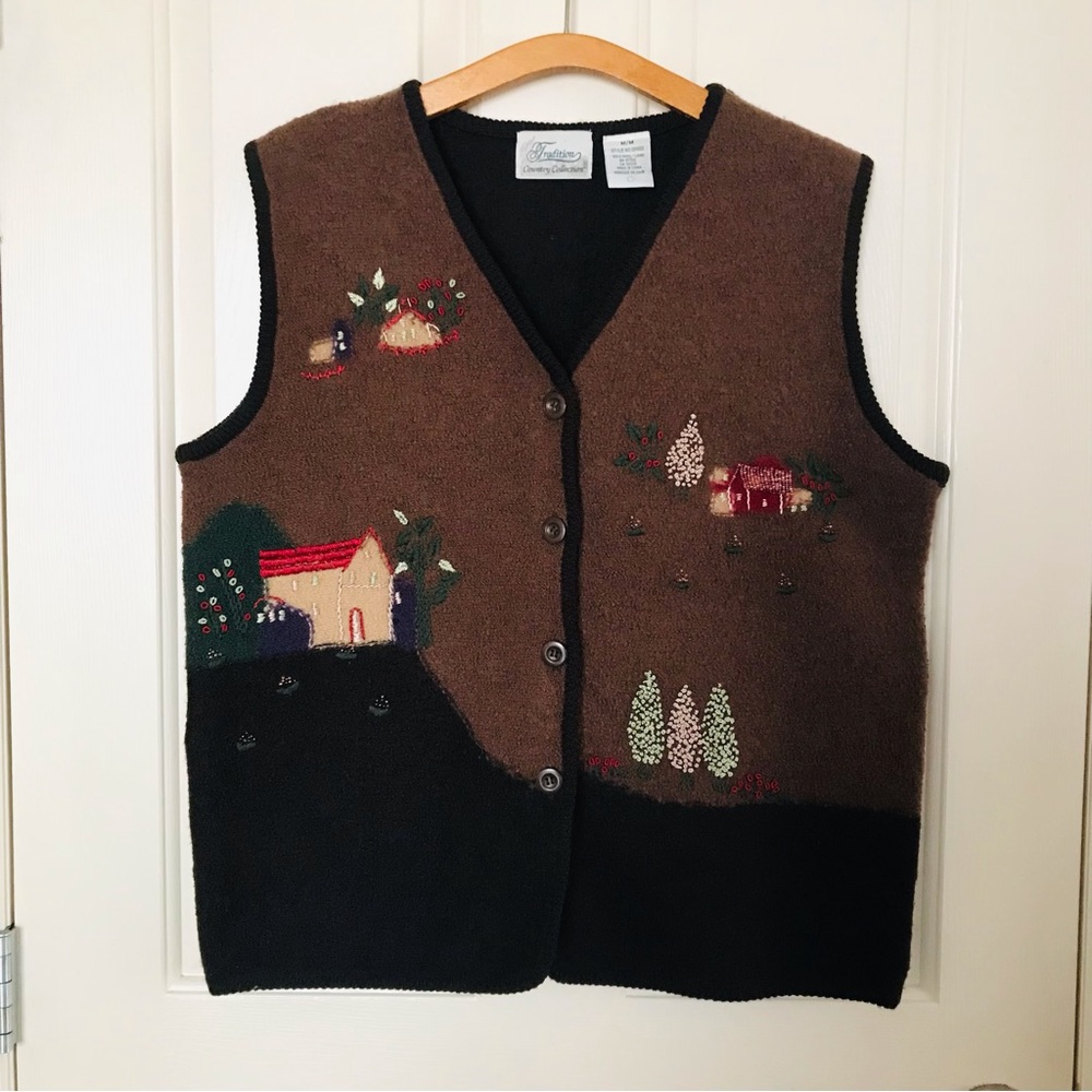 Tradition Wool Brown Button-Up Vest with Embroidered Houses Size Medium